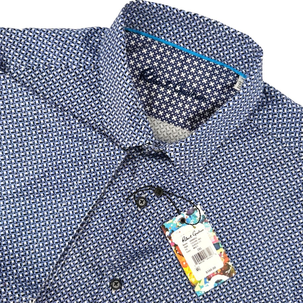 Robert Graham Grinnell Mens 2XL Blue Geometric Short Sleeve Button Up Shirt NEW